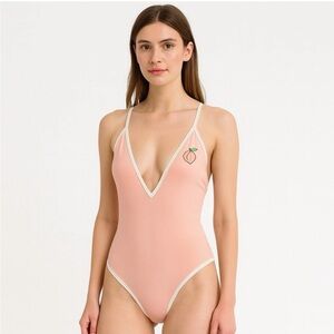 NWOT Camp Collection Off Duty Peach Patch Embroidered Bodysuit Deep V S